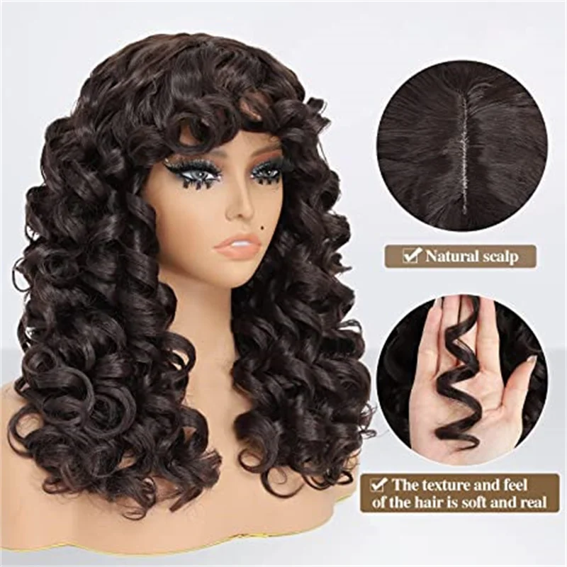 Преносимото перука, изработени от синтетична коса с дълга гъста swirls и бретон, големи къдрава перуки за черни жени, 20-инчов къдрава перука за ежедневна употреба
