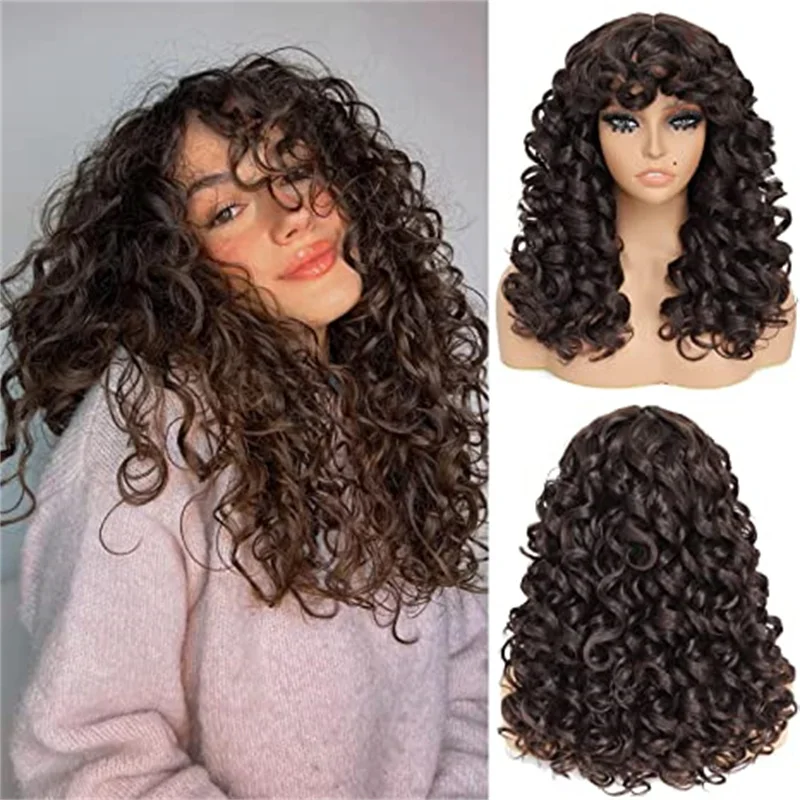 Преносимото перука, изработени от синтетична коса с дълга гъста swirls и бретон, големи къдрава перуки за черни жени, 20-инчов къдрава перука за ежедневна употреба