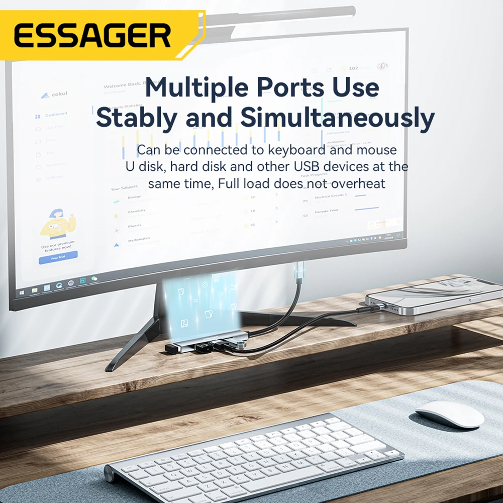 ESSAGER Дърва Adapter 4-в-1 Hub докинг станция Висока скорост от 480 Mbps, Съвместим с Windows, Mac OS Android Plug and Play