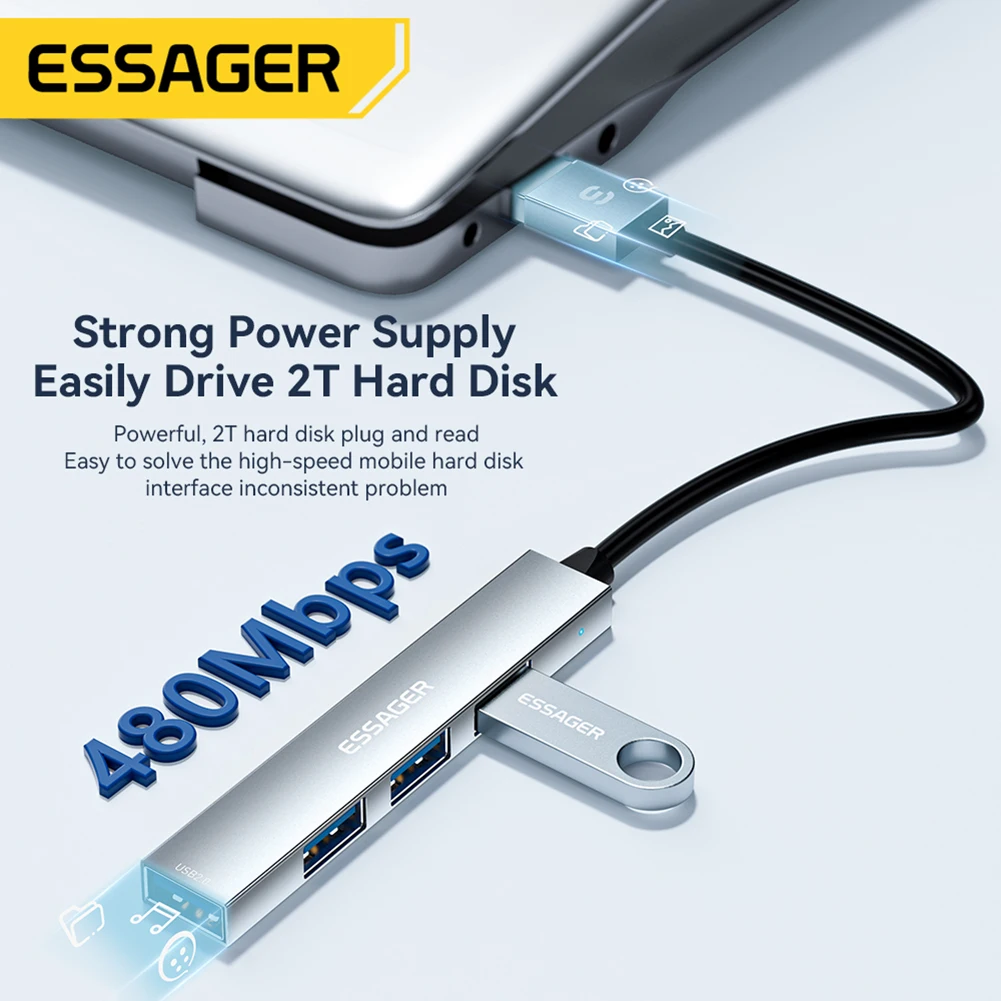 ESSAGER Дърва Adapter 4-в-1 Hub докинг станция Висока скорост от 480 Mbps, Съвместим с Windows, Mac OS Android Plug and Play
