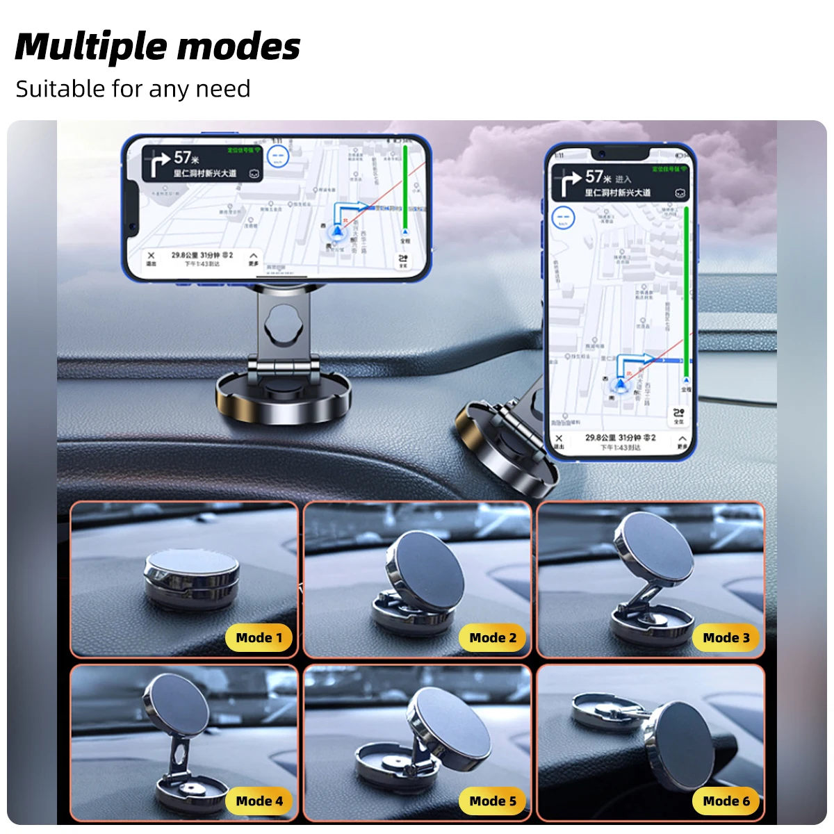 Магнитен метална кола за мобилния си телефон, сгъваема магнитна поставка за мобилен телефон в колата, GPS поддръжка за iPhone Xiaomi, управляемият определяне на 360 °