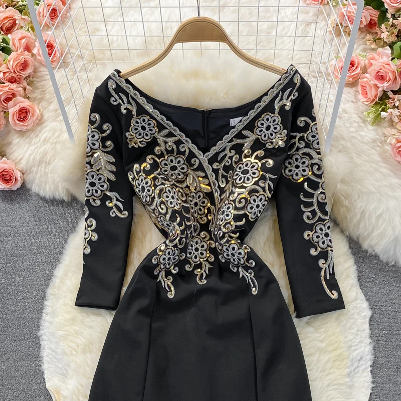 Дамско пролетно-есенни подиумное модно винтажное рокля с дълъг ръкав и бродерии, пайети, луксозно вечерна рокля с висока талия TB1357