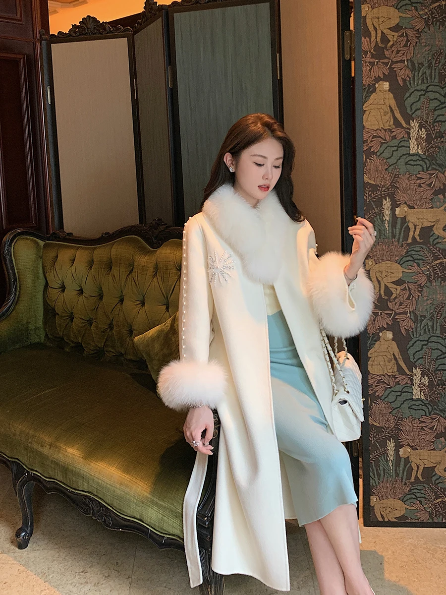 Корейска жена Луксозна Двустранен Кашмир Дълга Вълнена куртка Ръчно изработени Max, дизайнерски модни палта с естествен лисьим кожа NQ21