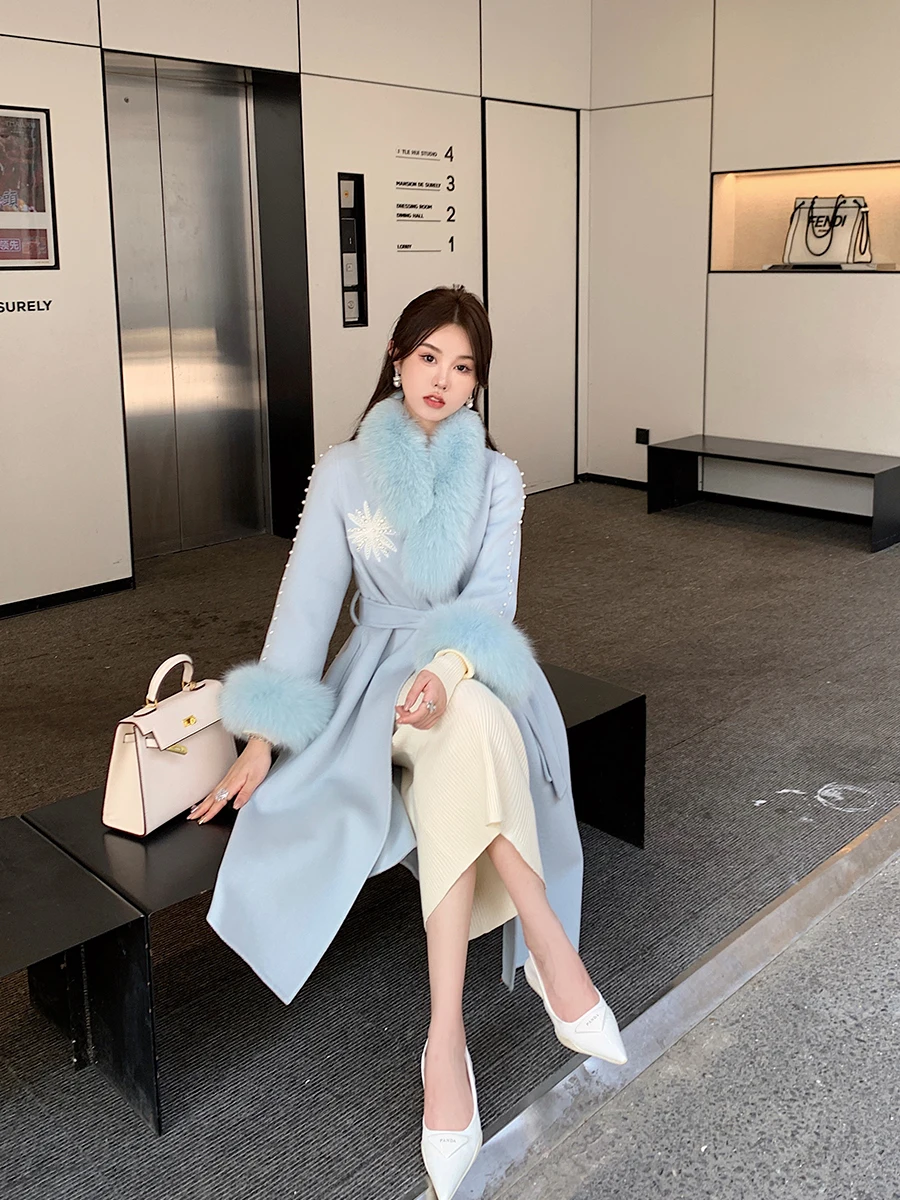 Корейска жена Луксозна Двустранен Кашмир Дълга Вълнена куртка Ръчно изработени Max, дизайнерски модни палта с естествен лисьим кожа NQ21