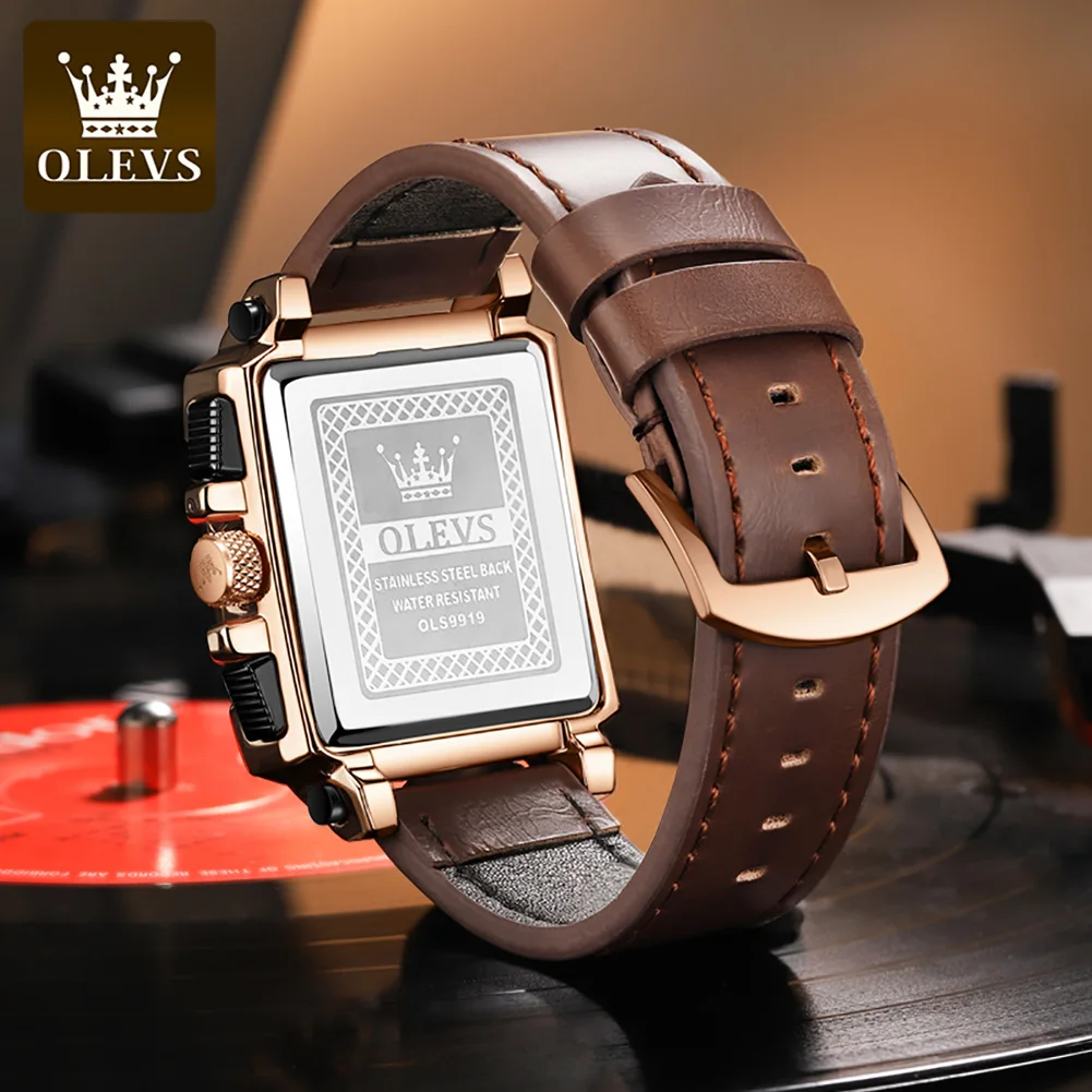 OLEVS 9919 Каишка от естествена кожа, голям циферблат, луксозни мъжки ръчен часовник, водоустойчив кварцов спортни часовници за мъже, светлинен календар