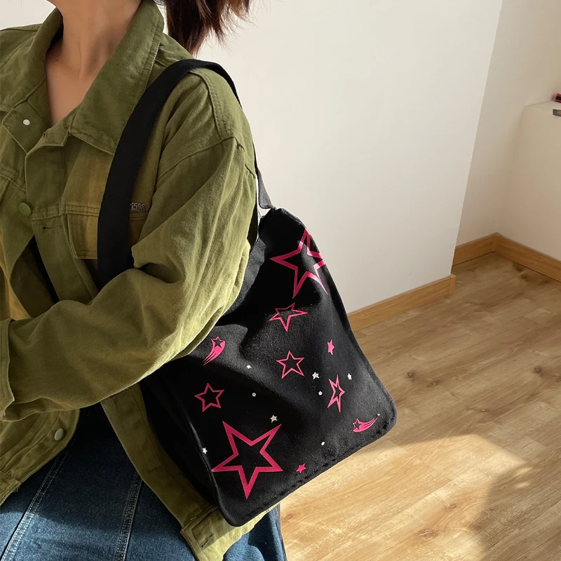 Дамски чанта през рамо с шарени розови звезди, големи вместительные женски холщовые чанти за пазаруване, готина женска чанта за студентски книги, пътни чанти