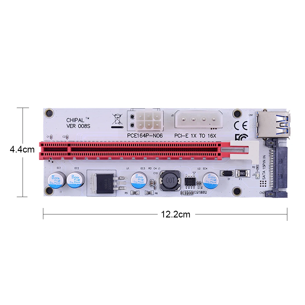 CHIPAL 10ШТ 3в1 VER008S 60СМ PCI-E Странично Card 008S PCI Express от 1X до 16X 4Pin 6Pin SATA Molex Power LED за Майнера