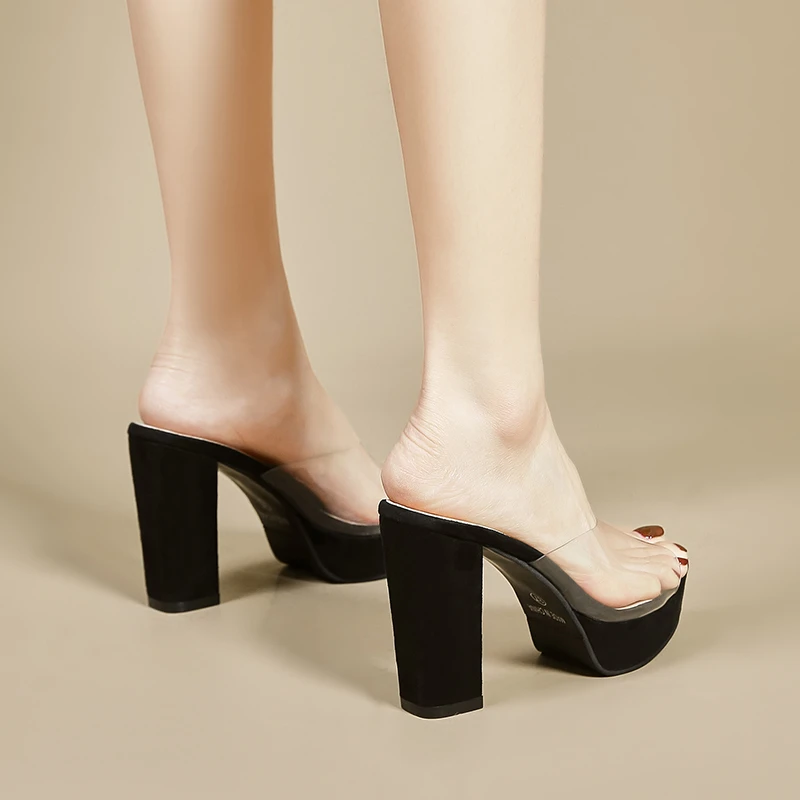 Нови дамски прозрачни сандали от PVC с високи токчета, женските пикантни летни сандали на платформа и висок ток с отворени пръсти, обувки-лодки, Размер 44