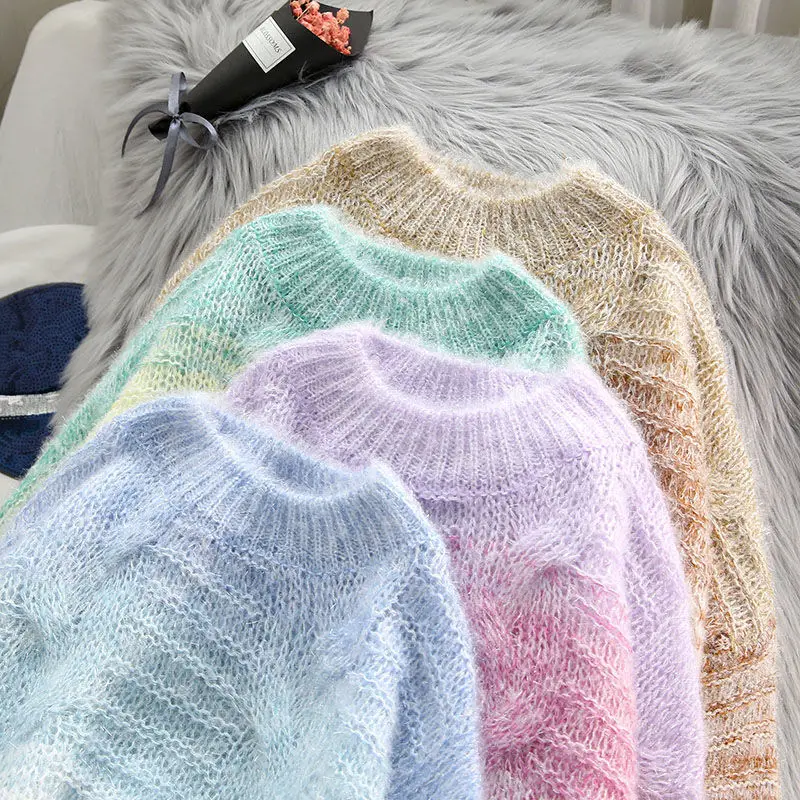Корейски мохеровый пуловер, Женски Нови ежедневни пуловери с изрези за есен-зима, Ретро мързелив стил, елегантен пуловер, с наклон Оверсайз, топ