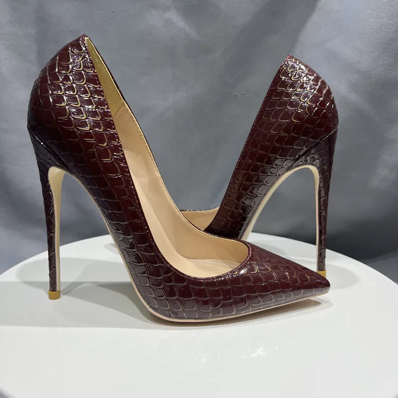 Дамски обувки-лодка винен цвят от кожа на Алигатор, ежедневни обувки с остри пръсти, женски обувки на много висок ток, по-големи размери 33-45
