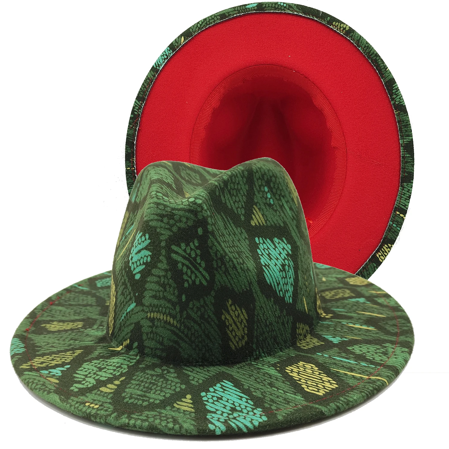 Фетровая шапка с принтом за жени и мъже, вълна цилиндър с широка периферия и прави ръбове, тенденция топло джаз шапка за партита на открито