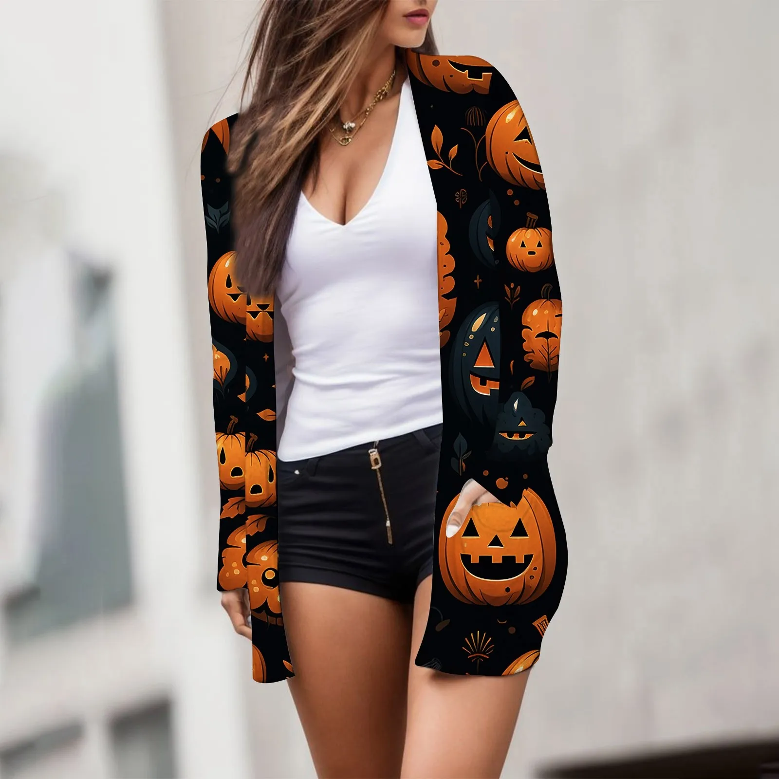 Дамски дигитален печат за Хелоуин с джоб, дълъг ръкав, Модерни ежедневни пуловери, блузы, Работно облекло, градинска дрехи голям размер