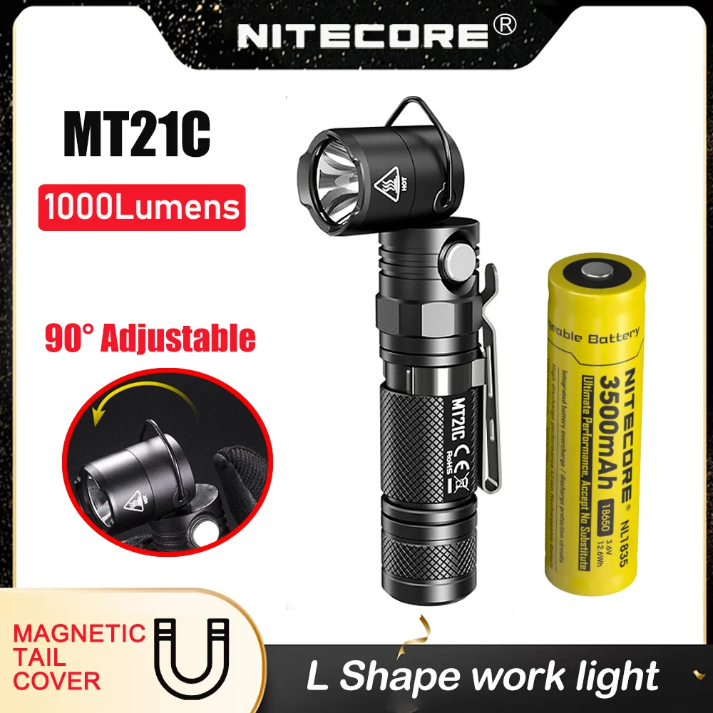 Оригинален led фенерче NITECORE MT21C 1000 лумена, тактически работен фенер със завъртане на 90 градуса с батерия NL1835, мини-фенерче на открито