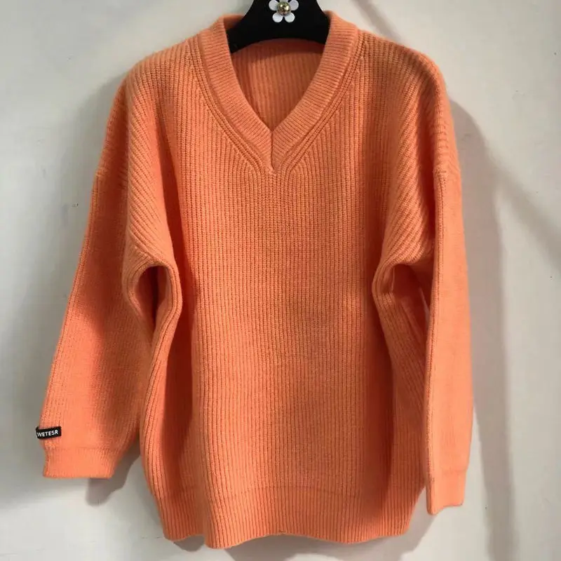 Пуловер от женски Трикотаж, Свободна от корейска версия на Прост И Универсален Модерен Пролетта Ярки пуловери Harajuku с V-образно деколте