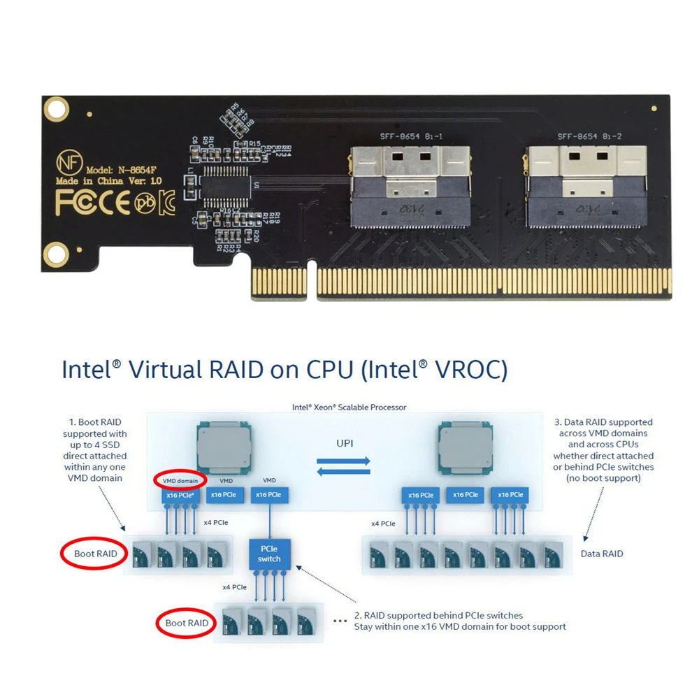 Cablecc Dual Slimline СФФ-8654 8X4 NVME за PCIE Express 3.0 4.0 Raid карта VROC Raid0 Hyper Адаптер