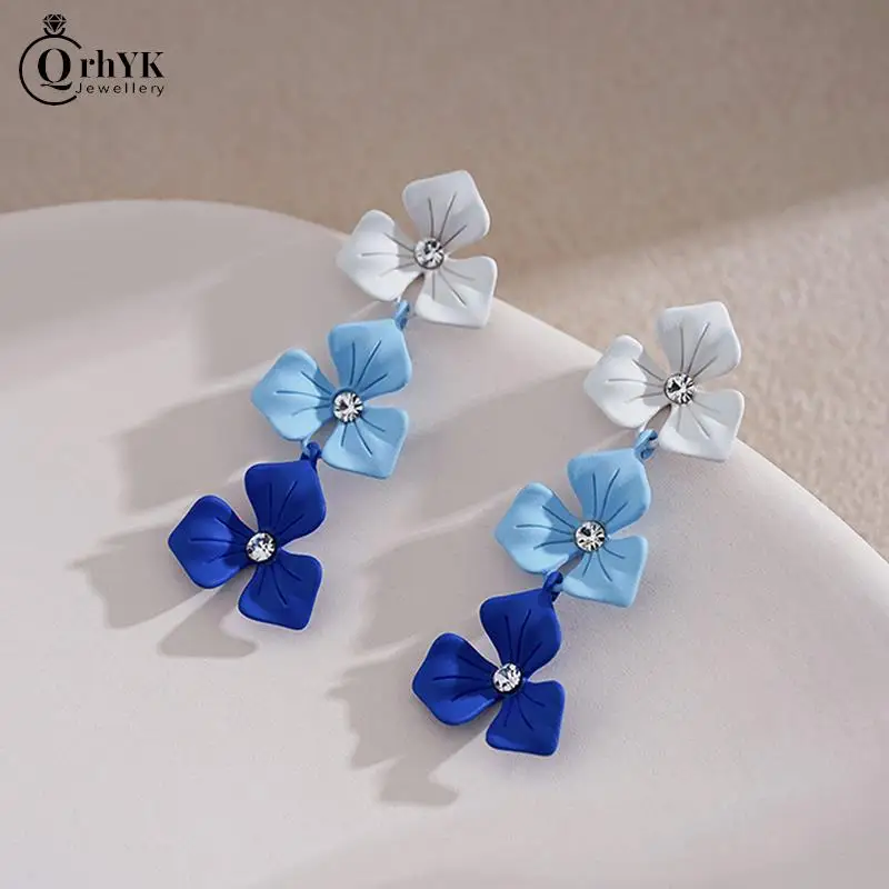 1 чифт сини/розови градиентных обеци под формата на цветя за жени, корейски сладки дълги темпераментни сватбени обици, бижута от листенца от растения