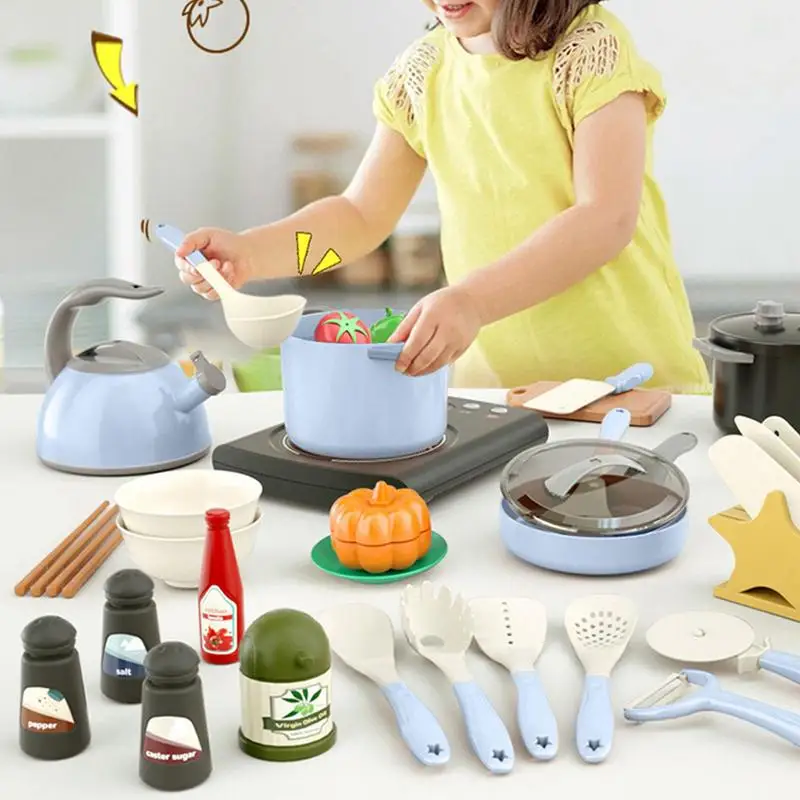 Кухненски принадлежности за игри, модул за обучение набор от кухненски аксесоари за бебета, 32 обекта, кухненски играчки, съдове за играчка, игра Монтесори