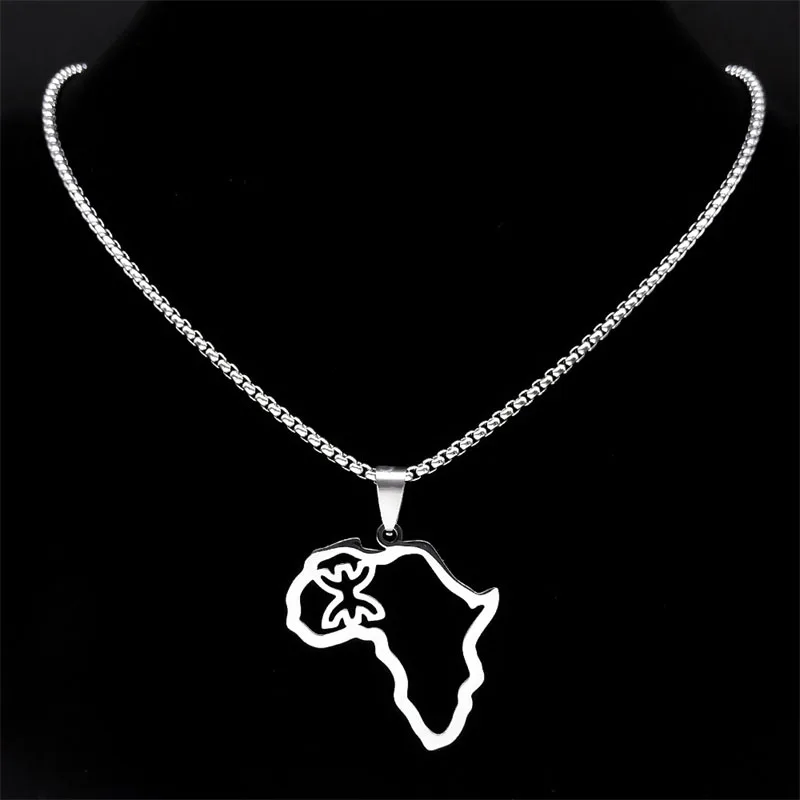 Африканска Карта Бербери Колиета за Жени, Мъже От Неръждаема Стомана, Сребрист Цвят Куха Карта на Южна Африка Колие Бижута collier N8092S