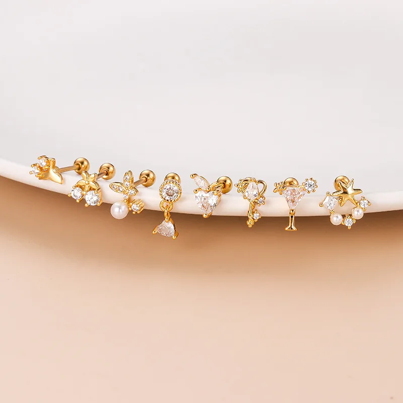 1БР 20 грама златни обеци-гвоздиков от Неръждаема Стомана във формата на Звезди и Пеперуди, мини-обеци-карамфил с циркониевым перли, бижута за пиърсинг Козелка