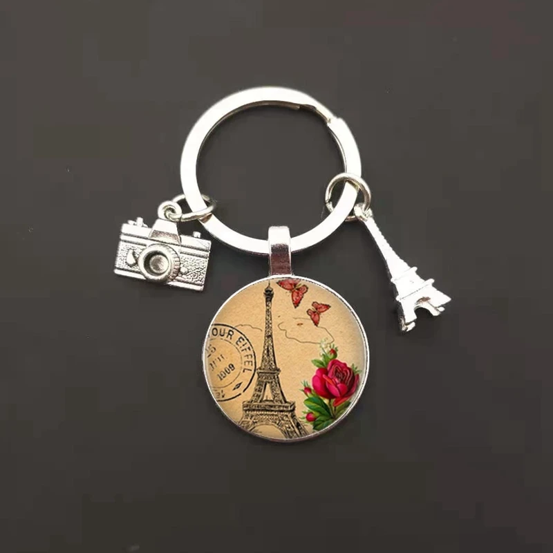 романтичен Париж-Айфеловата кула ключодържател изкуството на лейди на разходка фигура дизайн стъклена висулка сладък ключодържател дамска чанта бижута