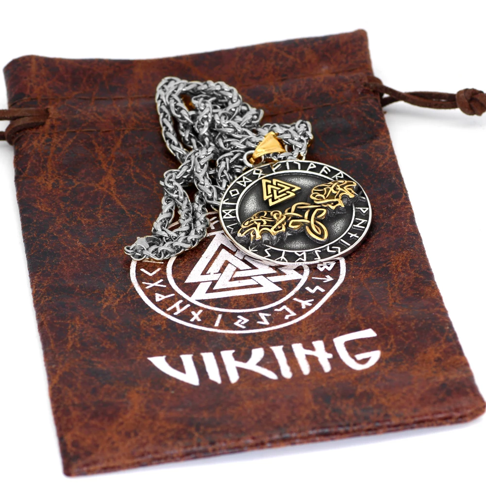 Бижута Nordic Viking от неръждаема стомана, колие Гери and Freki rune бронирана Wolf Valknut