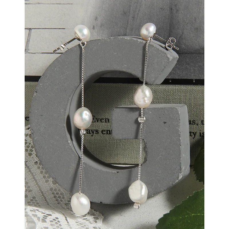 нов сладководни перли S925 сребро, дълги висящи обеци на веригата за жени, висящи обеци-кутийки, изискани бижута