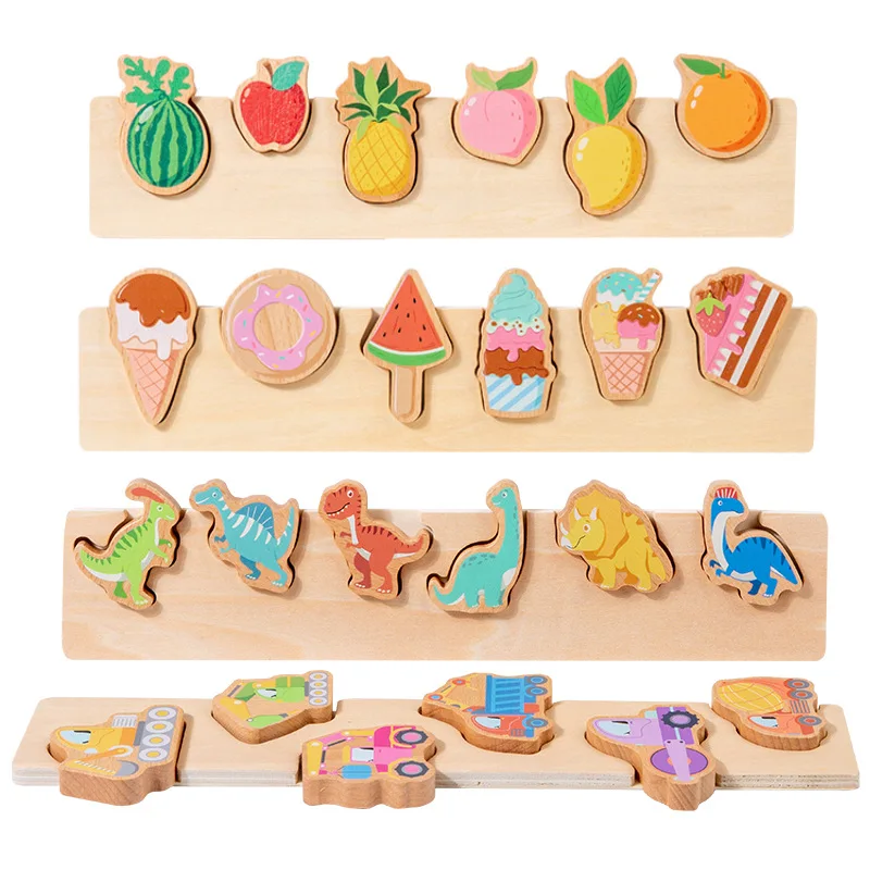 3D дървен пъзел Монтесори, детски играчки, подходящи за формата на десерт, Плодов автомобил с динозавром, информационни, гладене, детски забавни играчки за ранно развитие