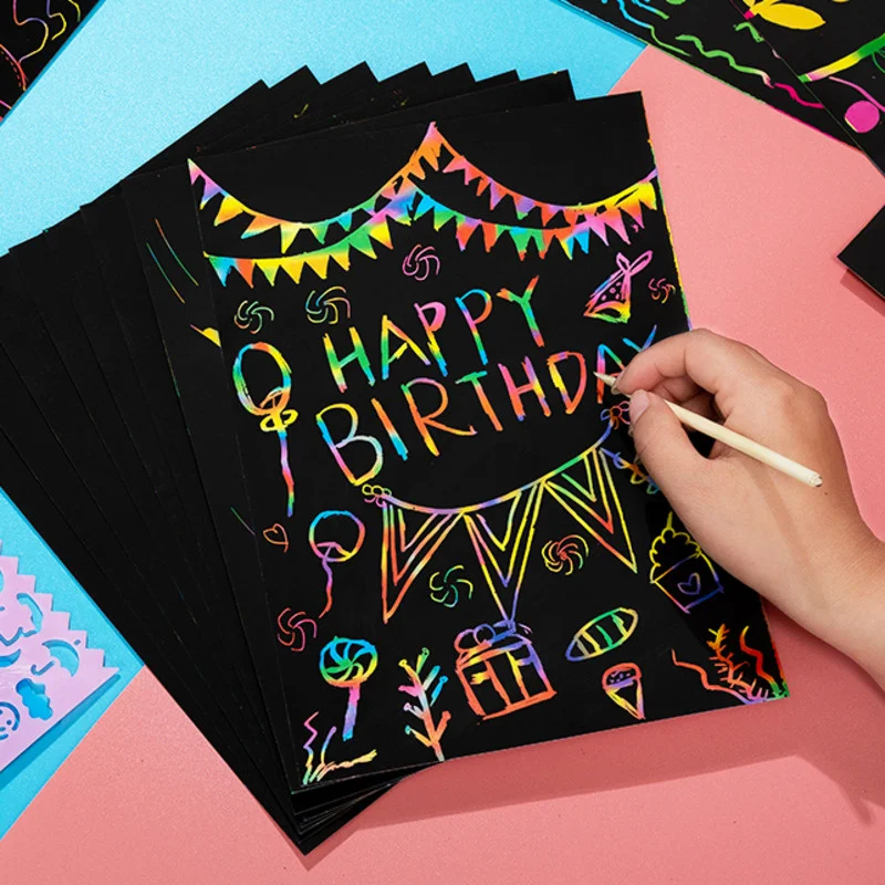 Направи си сам, магически комплект карти за рисуване цветовете на дъгата, с трафаретом графити, Дъска за рисуване, художествена картина, забавни Играчки, Подаръци