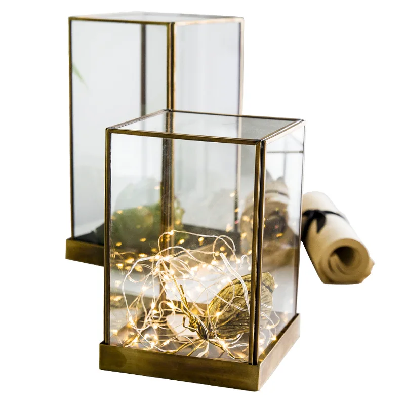 Adorno transparente geométrico de vidrio, juego de bordes de cobre, vitrina, cubierta antipoogar, accesorios de adornos