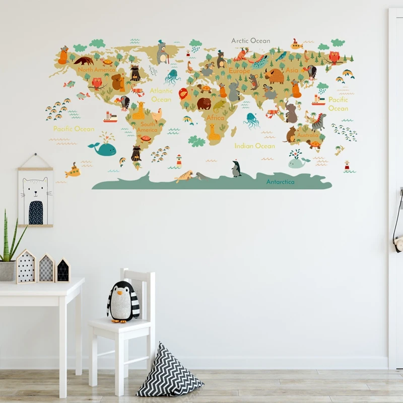 Мультяшные Животни Карта на света Стикери за стена DIY Тапети за Детска Стая, спалня, Детска, Стенен декор, Стикери за Стена, Домашен Декор