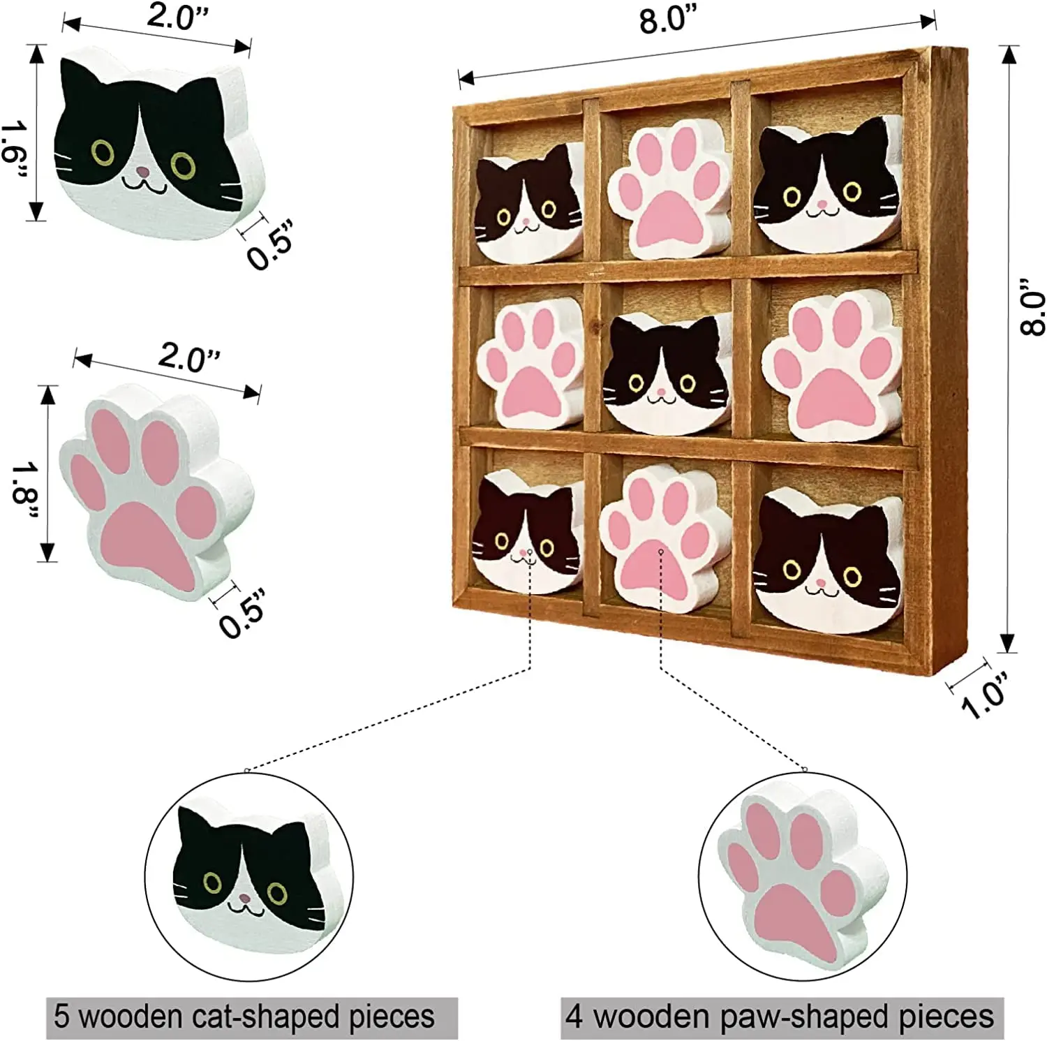 8-Инчов дървена игра на тик-так-палеца на тема сладък животни и котки Дървена игра