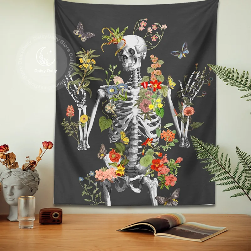 Тъмен Академични арт гоблен, окачена на стената, череп с флорални принтом Скелета, Анатомический принт, реколта цвете от плат за всекидневна декор в стил хипи