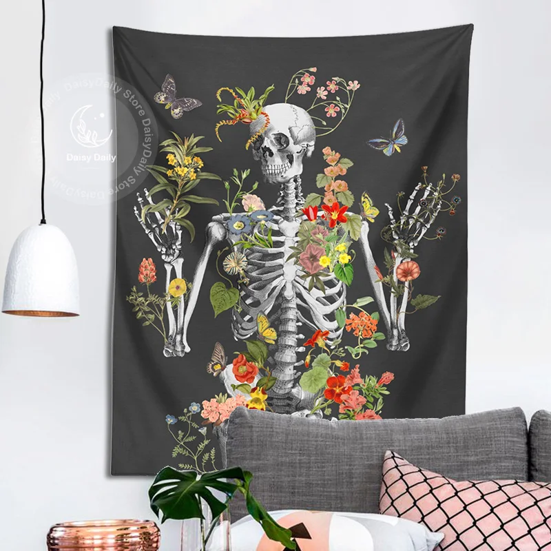 Тъмен Академични арт гоблен, окачена на стената, череп с флорални принтом Скелета, Анатомический принт, реколта цвете от плат за всекидневна декор в стил хипи