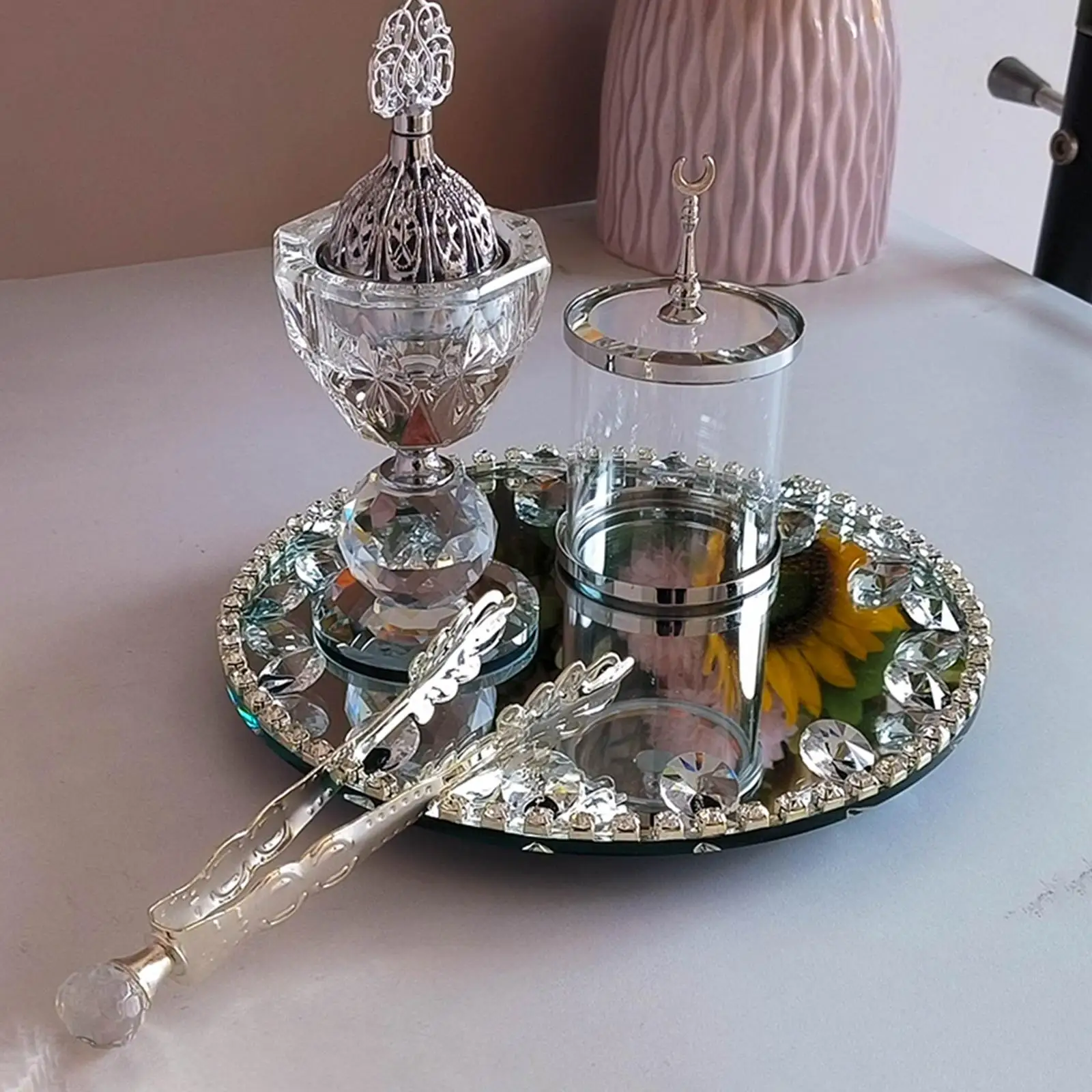 Набор от арабските курильниц за тамян, прозрачно украса с огледален тава, лещи, централна част, маса, кадилница за тамян и за офис, спалня, СПА