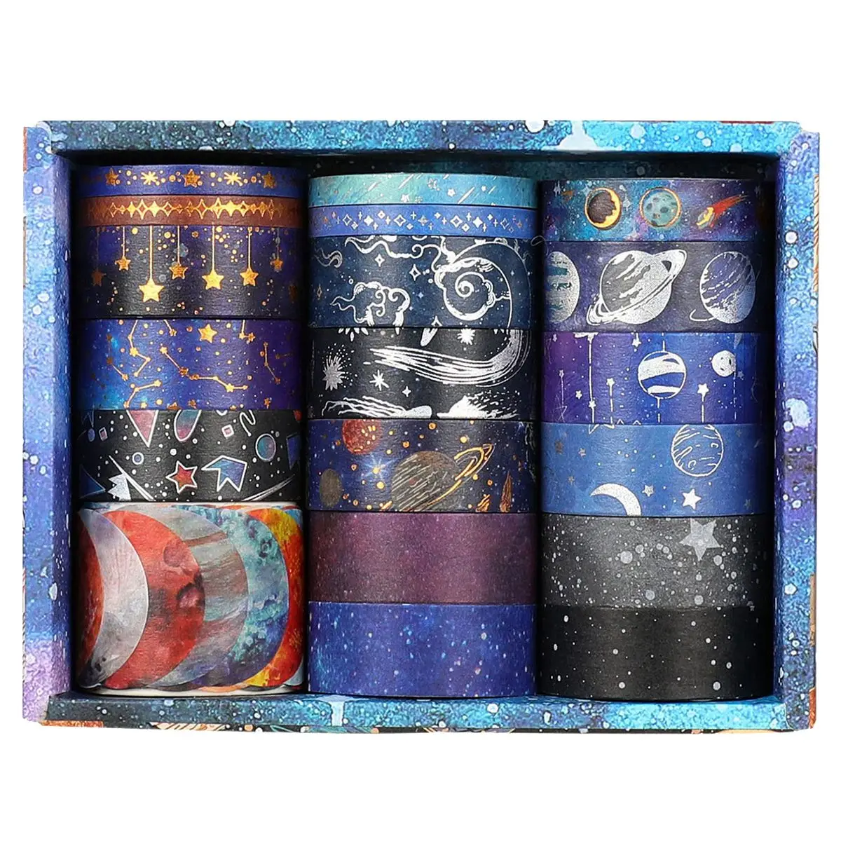 Комплект лента Blue Space Washi-19 роли декоративно тиксо Galaxy от златно фолио с участието на Небето, Луната, Звездите, Небесните светила, Съзвездията
