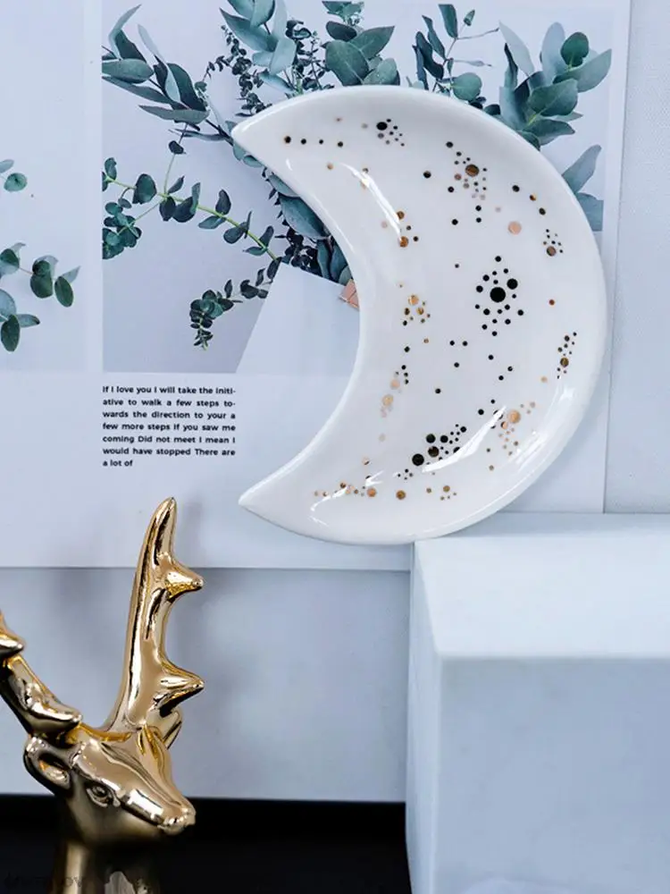 Керамична малка златар чиния във формата на луната, обеци, колие, пръстен, тава за съхранение, купа за плодови десерти, декоративен тава