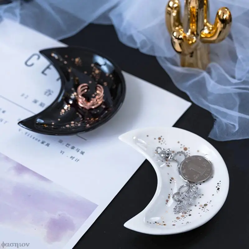 Керамична малка златар чиния във формата на луната, обеци, колие, пръстен, тава за съхранение, купа за плодови десерти, декоративен тава
