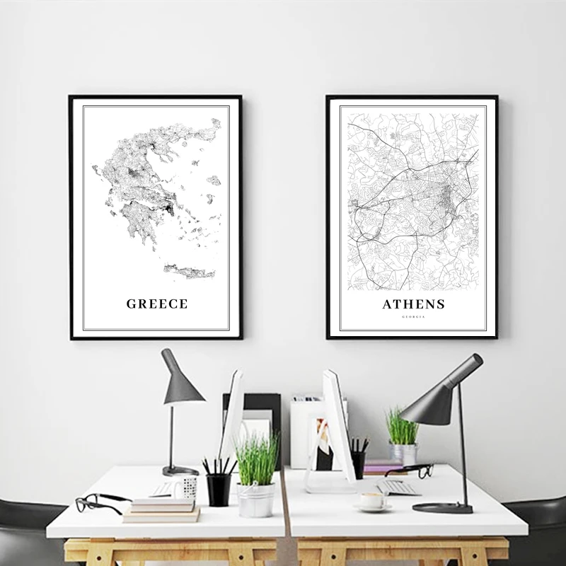 Плакат с пътната карта на Гърция Черно-бели разпечатки, Карта на град Атина Платно Картина на Пътните плакати, Стенни художествени картини Офис декор