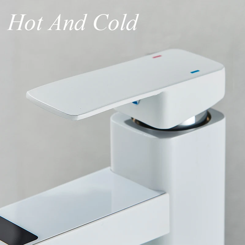 Бял LCD смесител за мивка в банята, смесител за топла и студена мивка, Смесител за баня с една дръжка, с Дигитален дисплей, Смесители за мивка, Месингови кранове за басейн