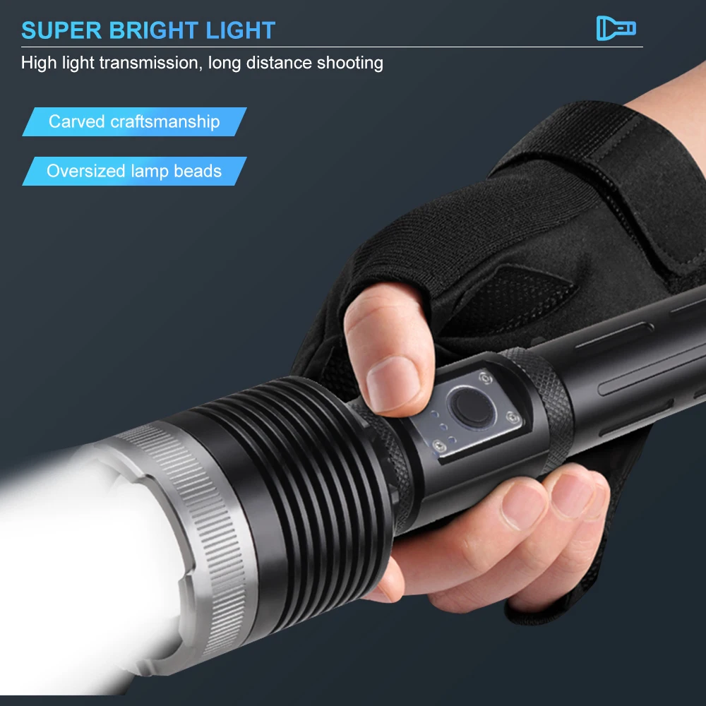 Фенер Asafee със силна светлина, мъниста лампи XHP360, супер ярък многофункционално USB-акумулаторен фенер на далечни разстояния