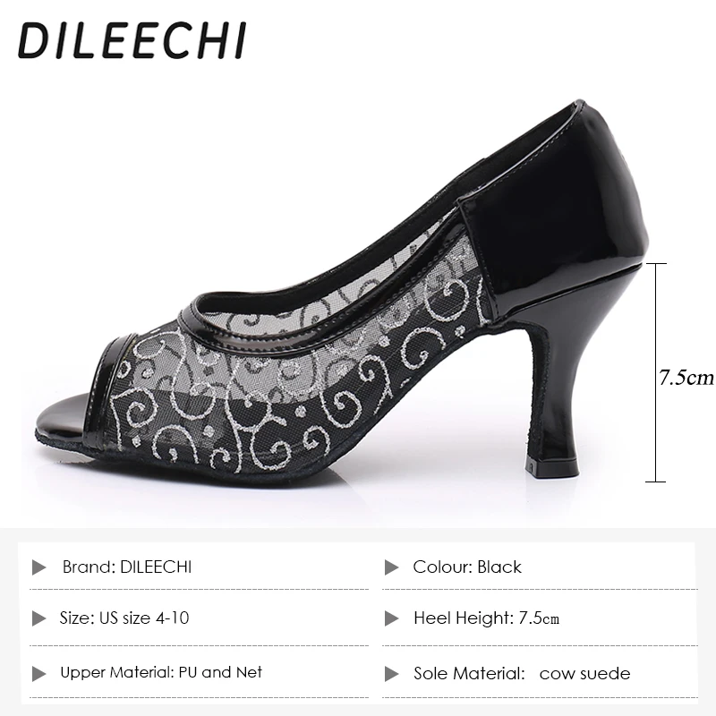 Обувки за латино танци DILEECHI, черна лейси окото, обувки за салса и танци балната зала, изкуствена кожа, мека подметка обувки с високи токчета 75 мм