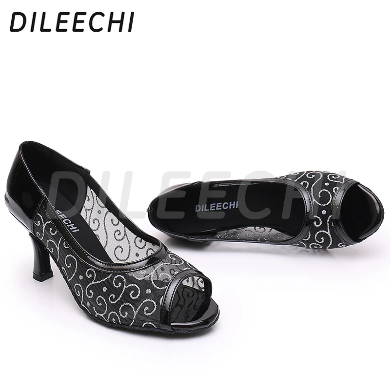 Обувки за латино танци DILEECHI, черна лейси окото, обувки за салса и танци балната зала, изкуствена кожа, мека подметка обувки с високи токчета 75 мм