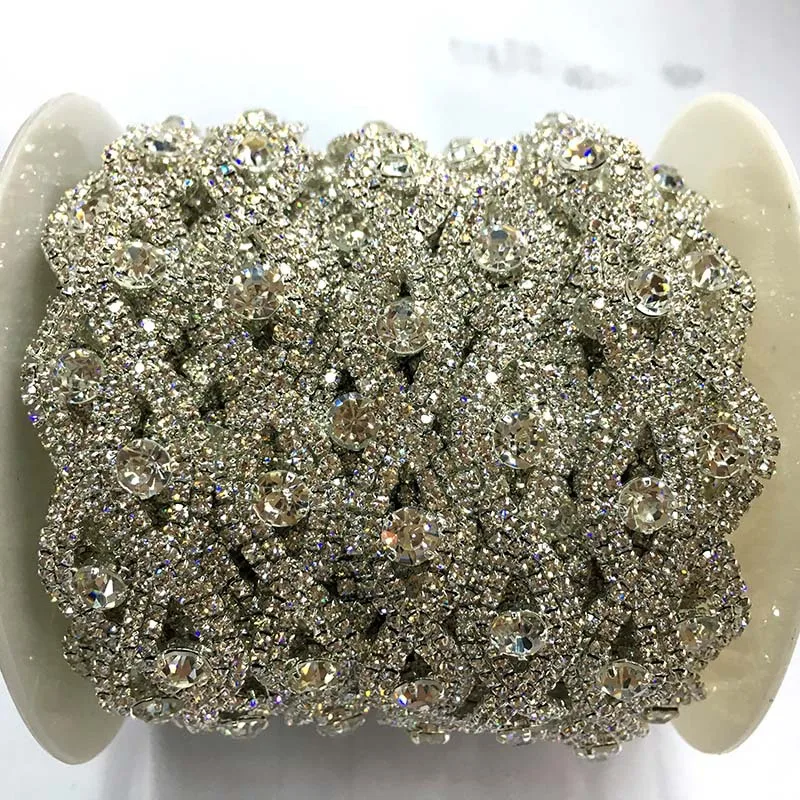 1Yd сребристо-златна тон, прозрачна верижка с кристали, украса на сватбен костюм, ръчно изработени, ширина 1,5 см RT0106