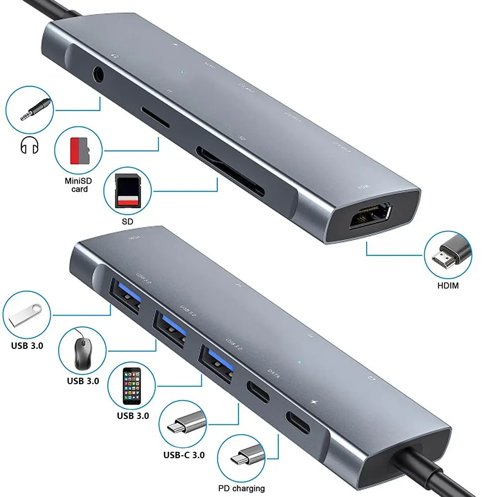 9 в 1 USB Type C Hub Адаптер 4K, HDMI-съвместим PD За Зареждане Gigabit VGA USB30 Аудио SD/TF Удължител за Док-станция за Лаптоп