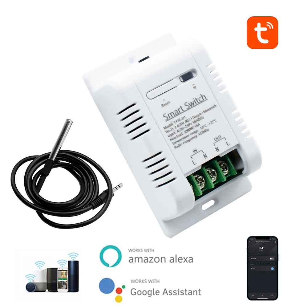 Превключвател на температурата, Wi-Fi Sasha Smart Датчик Ds18b20 температура Работи с Алекса Google Home Rf433 интелигентен термостат 16a