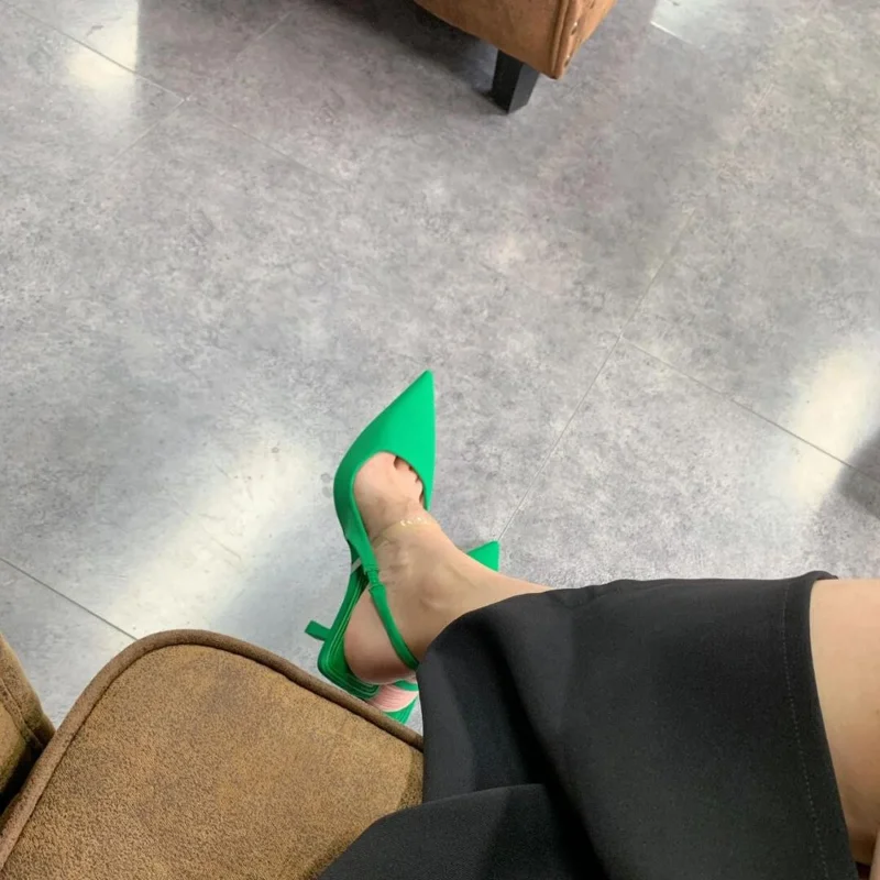 Дамски летни обувки, Нова мода, дамски Сандали на висок среден Ток-висок ток с Остър пръсти, Зелени Дамски Сандали с отворени Пръсти Отзад