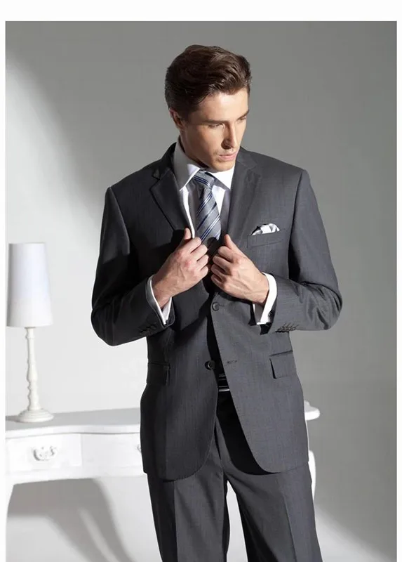 Тъмно Сиво Облекло за младоженеца, Смокинги, Мъжки костюм за сватбата, 2 предмета (Яке + Панталон + вратовръзка), Бизнес мъжки костюми за младоженец