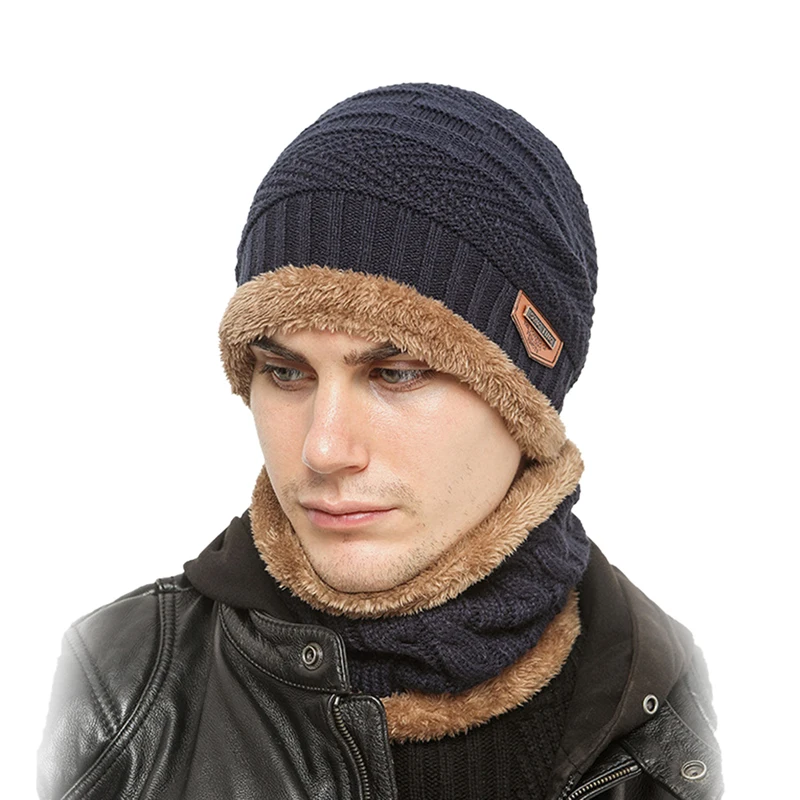 Зимни Топли дамски мъжки плюшени шапки-бини, Комплект шалове, вязаная дебел плюшен шапка с припокриване на лигавицата, шапка за врата, топло за възрастни