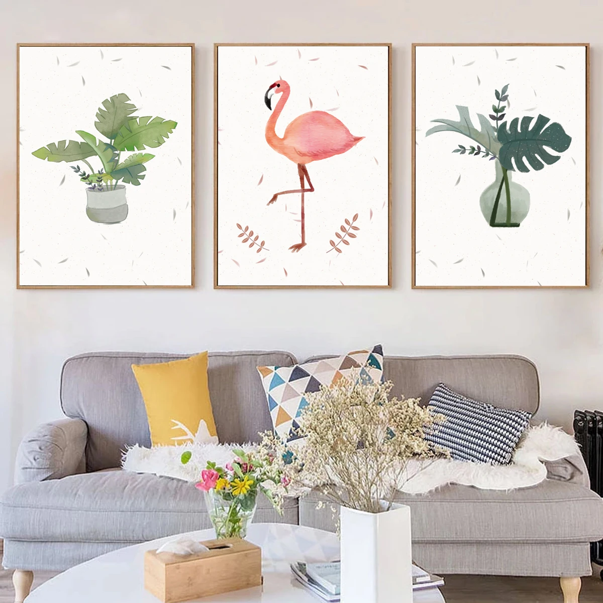 Скандинавски карикатура Розово Фламинго Зелени растения Плакат Печат върху платно Картина на Стенно изкуство Хол Декорация на дома