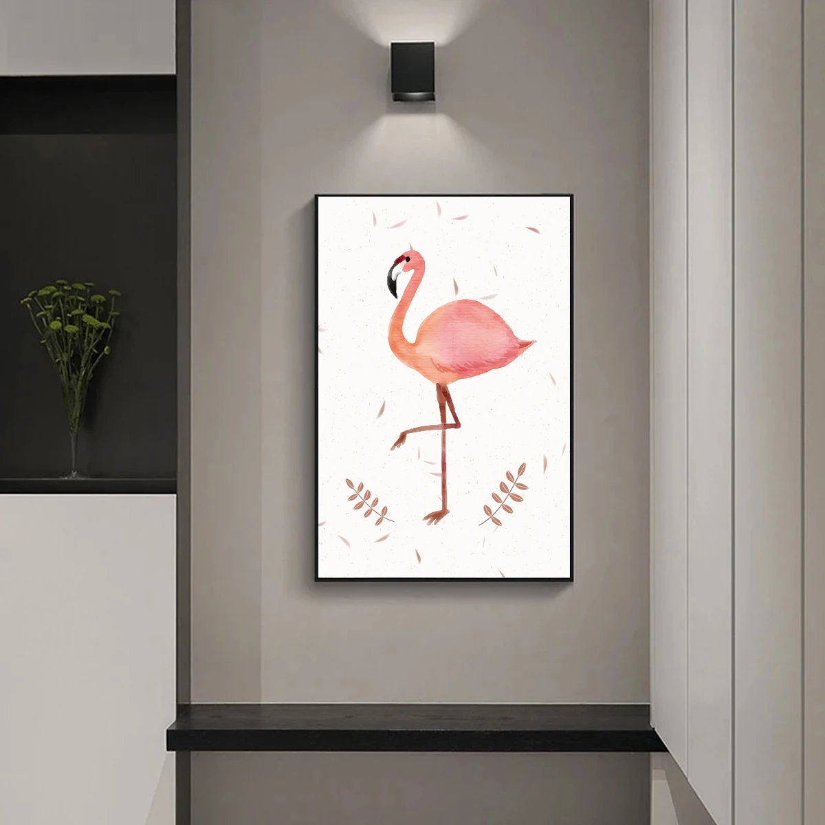 Скандинавски карикатура Розово Фламинго Зелени растения Плакат Печат върху платно Картина на Стенно изкуство Хол Декорация на дома
